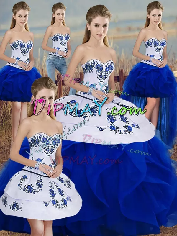 Superior Royal Blue Tulle Lace Up Sweetheart Sleeveless Floor Length Quinceanera Dress Embroidery and Ruffles and Bowknot