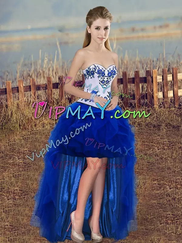 Superior Royal Blue Tulle Lace Up Sweetheart Sleeveless Floor Length Quinceanera Dress Embroidery and Ruffles and Bowknot