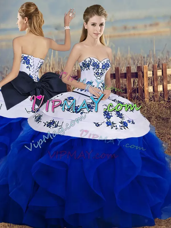 Superior Royal Blue Tulle Lace Up Sweetheart Sleeveless Floor Length Quinceanera Dress Embroidery and Ruffles and Bowknot