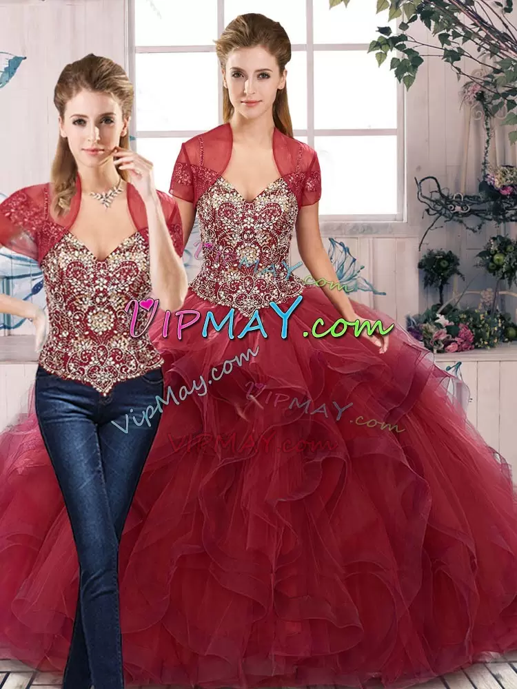 Off The Shoulder Sleeveless Quinceanera Gowns Floor Length Beading and Ruffles Burgundy Tulle