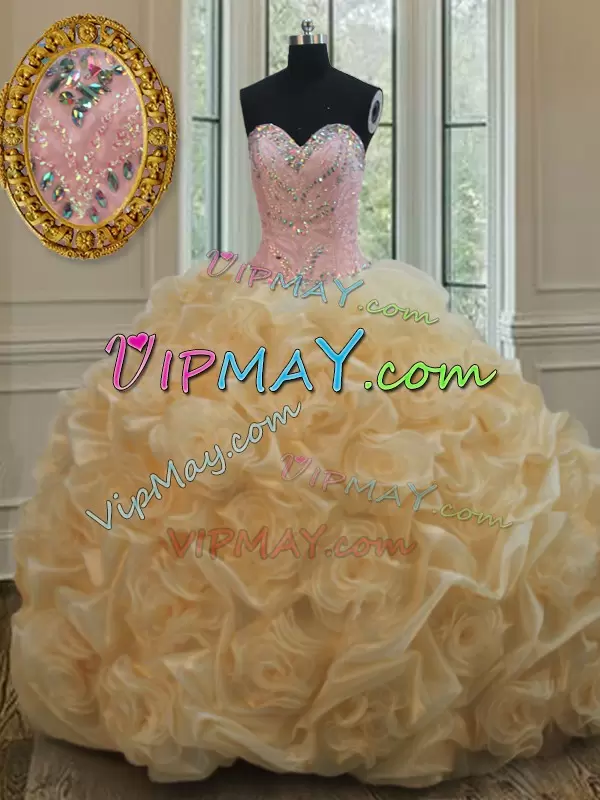 Glamorous Champagne Lace Up Sweetheart Beading Quinceanera Dresses Organza Sleeveless