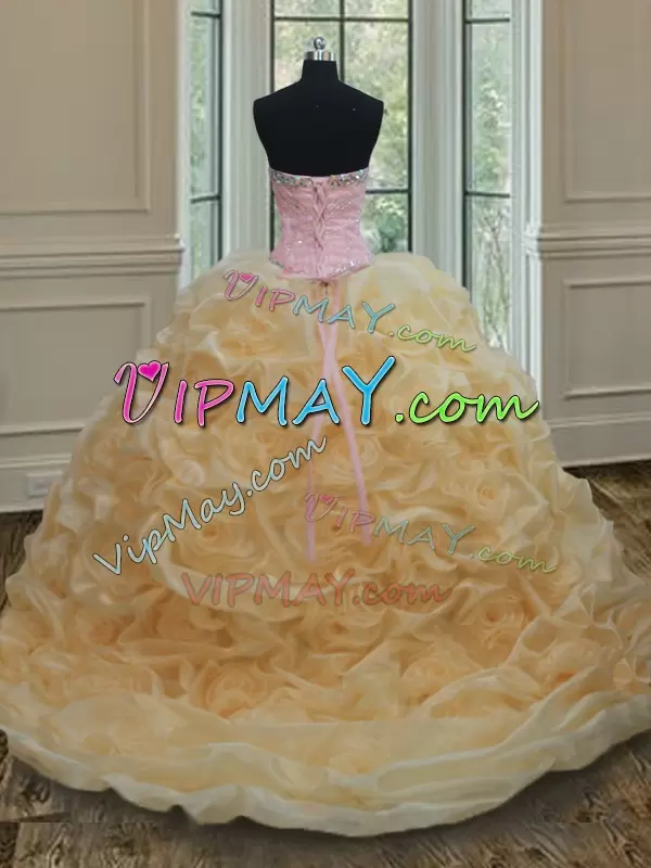 Glamorous Champagne Lace Up Sweetheart Beading Quinceanera Dresses Organza Sleeveless