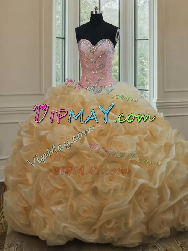 Glamorous Champagne Lace Up Sweetheart Beading Quinceanera Dresses Organza Sleeveless