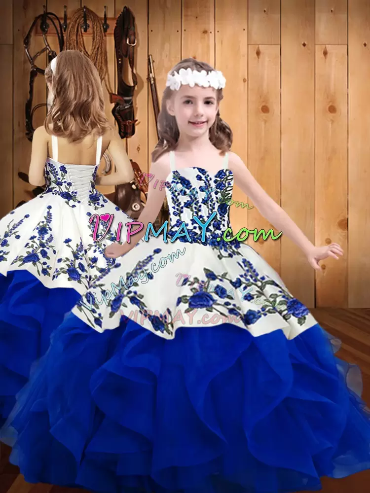 Organza Sweetheart Sleeveless Lace Up Embroidery and Ruffles Quinceanera Gown in Royal Blue