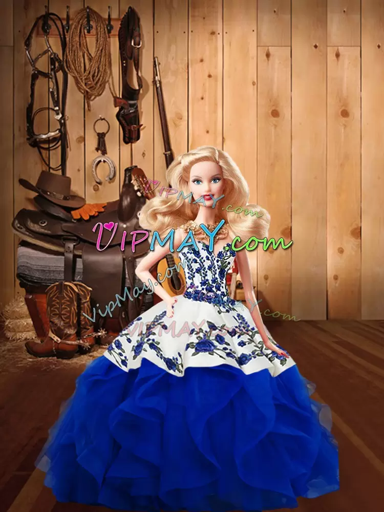 Organza Sweetheart Sleeveless Lace Up Embroidery and Ruffles Quinceanera Gown in Royal Blue