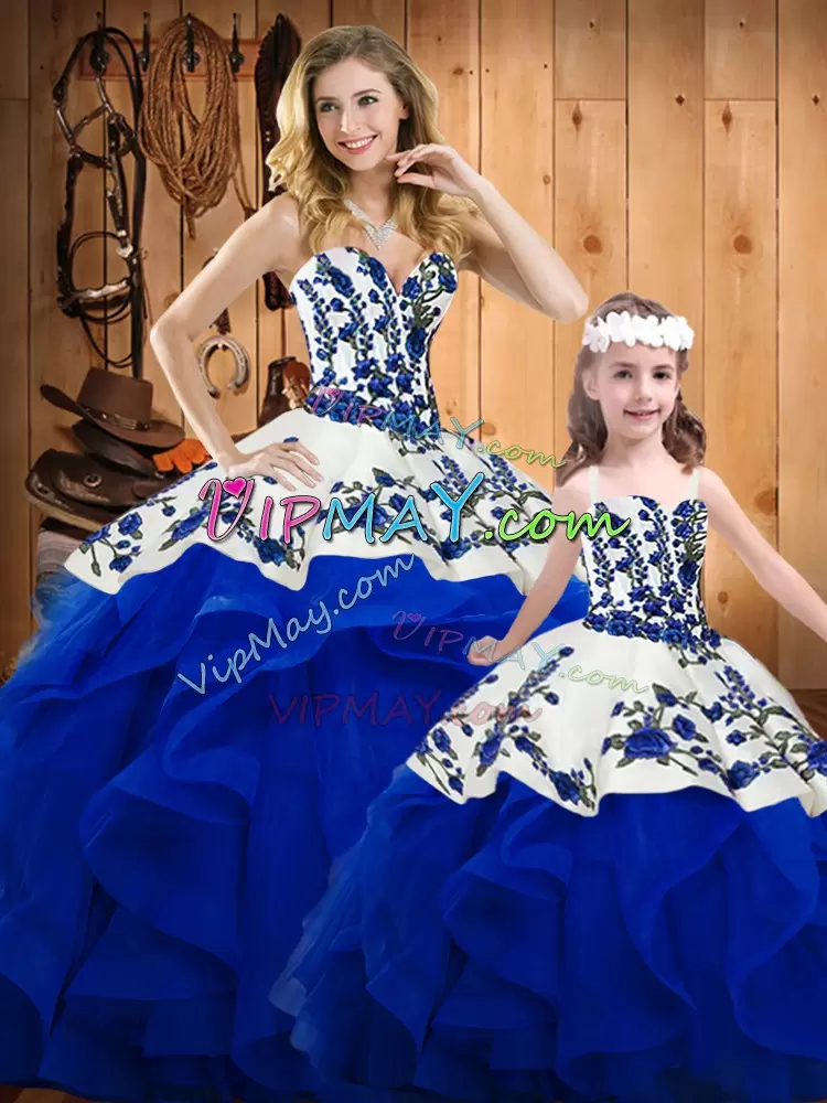 Organza Sweetheart Sleeveless Lace Up Embroidery and Ruffles Quinceanera Gown in Royal Blue