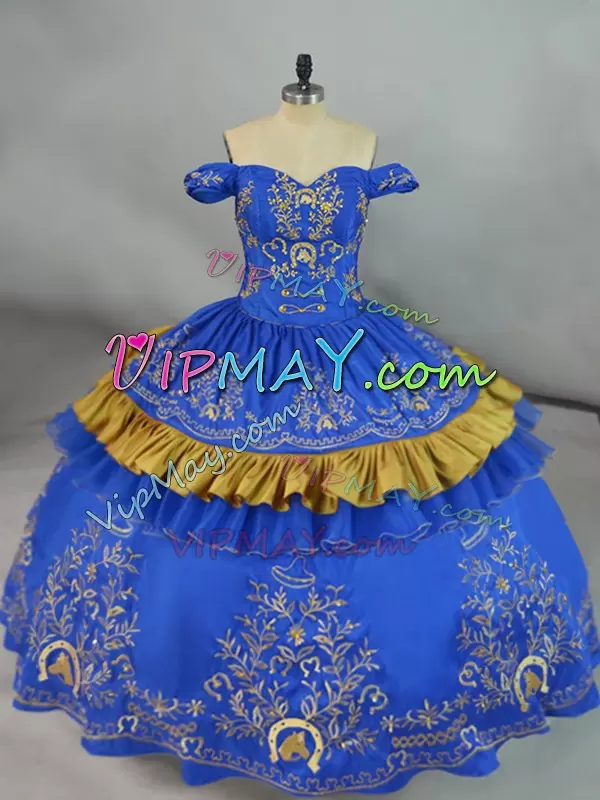 Off The Shoulder Sleeveless Lace Up Quinceanera Gown Blue Satin and Organza Embroidery