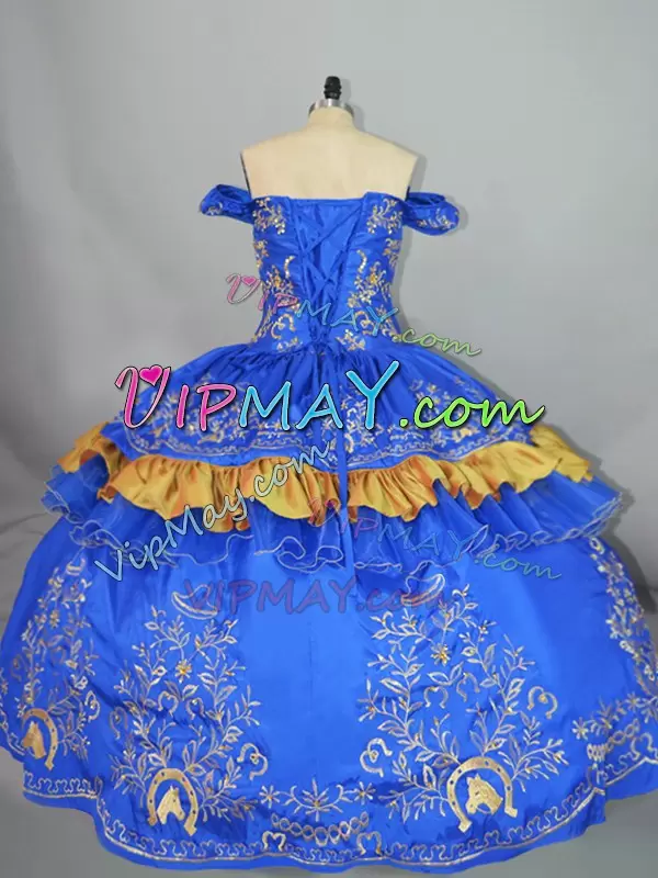 Off The Shoulder Sleeveless Lace Up Quinceanera Gown Blue Satin and Organza Embroidery