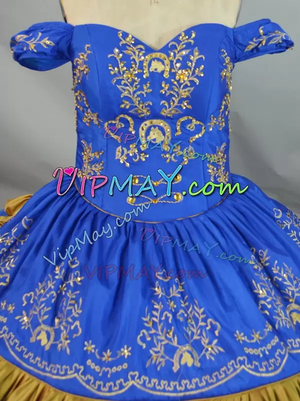 Off The Shoulder Sleeveless Lace Up Quinceanera Gown Blue Satin and Organza Embroidery