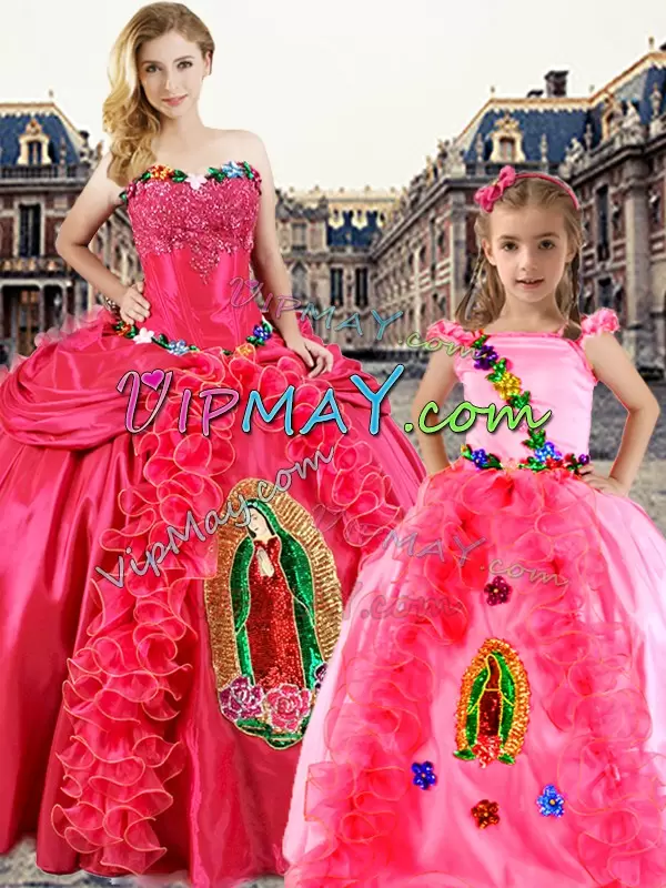 Coral Red Ball Gowns Beading and Embroidery and Ruffles Ball Gown Prom Dress Lace Up Organza Sleeveless Floor Length