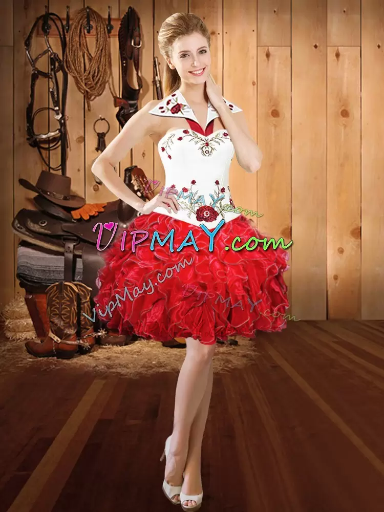 White And Red Halter Top Neckline Embroidery and Ruffles Quinceanera Dress Sleeveless Lace Up