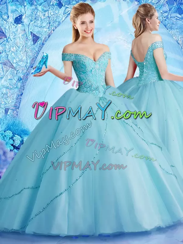 Aqua Blue Lace Up Off The Shoulder Beading Sweet 16 Dress Tulle Sleeveless Brush Train