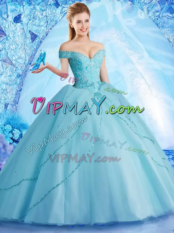 Aqua Blue Lace Up Off The Shoulder Beading Sweet 16 Dress Tulle Sleeveless Brush Train