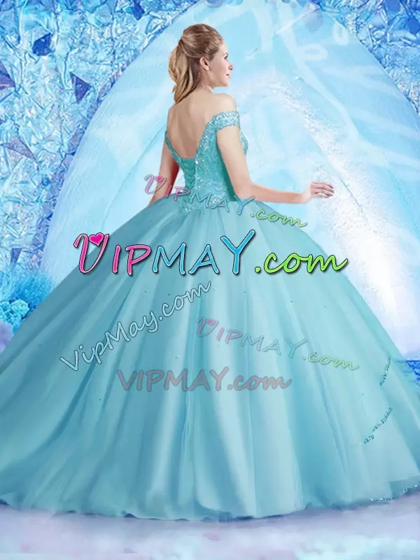 Aqua Blue Lace Up Off The Shoulder Beading Sweet 16 Dress Tulle Sleeveless Brush Train