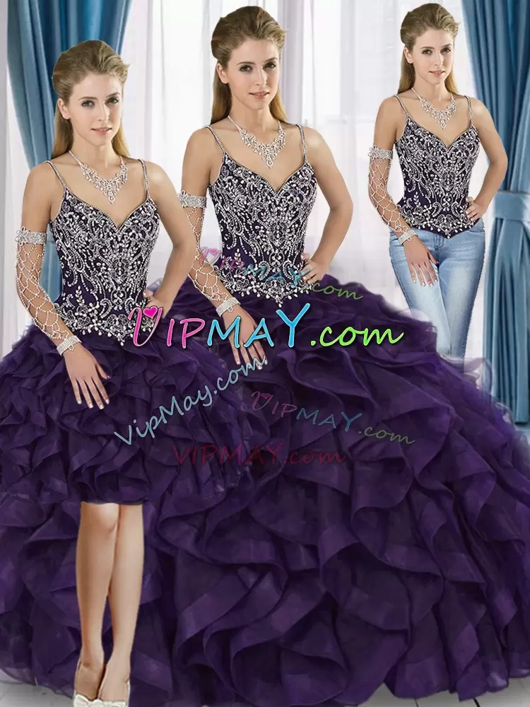 Tulle Straps Sleeveless Lace Up Beading and Ruffles Quinceanera Dresses in Purple