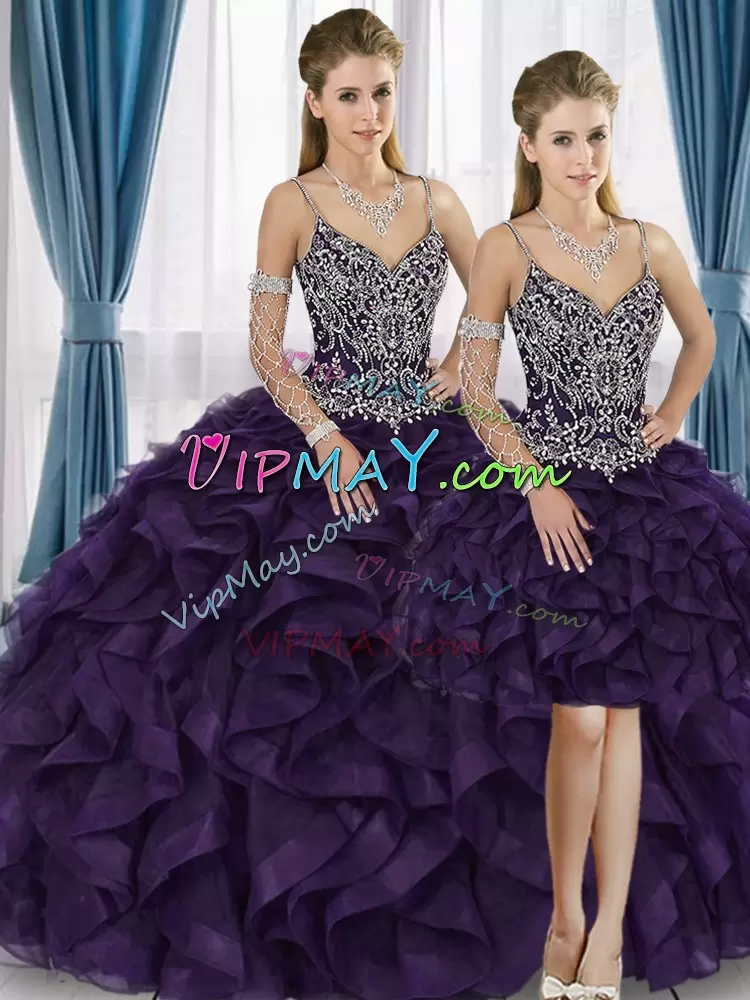 Tulle Straps Sleeveless Lace Up Beading and Ruffles Quinceanera Dresses in Purple