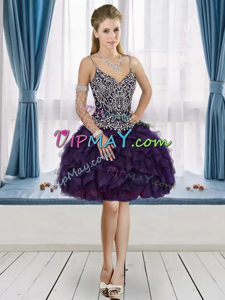 Tulle Straps Sleeveless Lace Up Beading and Ruffles Quinceanera Dresses in Purple