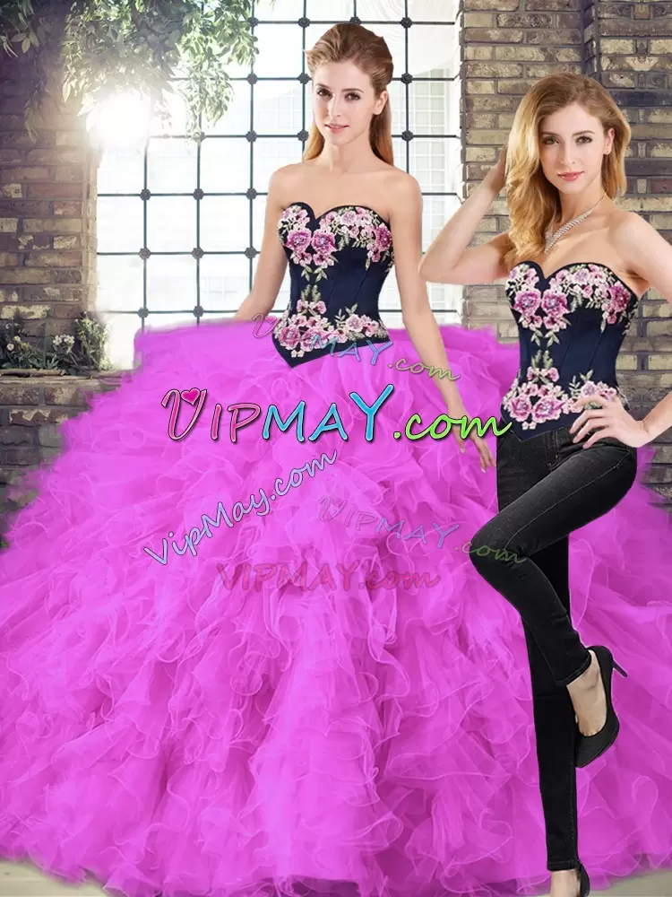 Fuchsia Sweetheart Neckline Beading and Embroidery Sweet 16 Dresses Sleeveless Lace Up