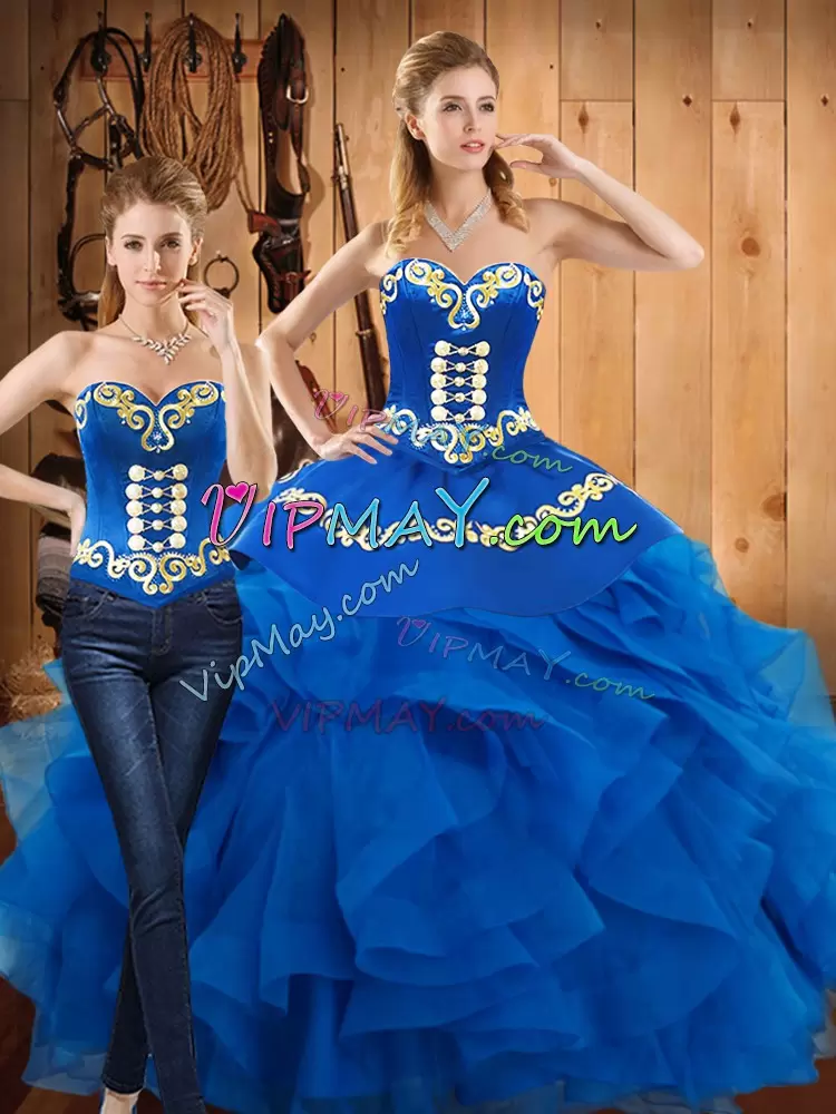 Pretty Blue Sweetheart Lace Up Embroidery and Ruffles Vestidos de Quinceanera Sleeveless