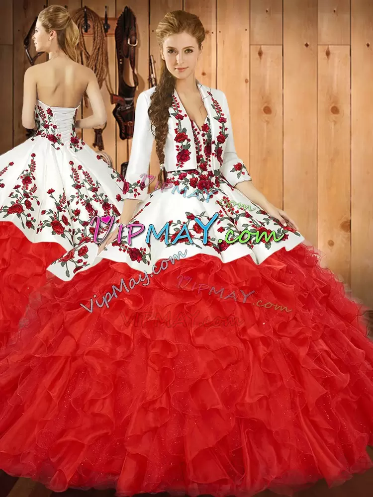 Red Sleeveless Floor Length Embroidery and Ruffles Lace Up Quince Ball Gowns Sweetheart