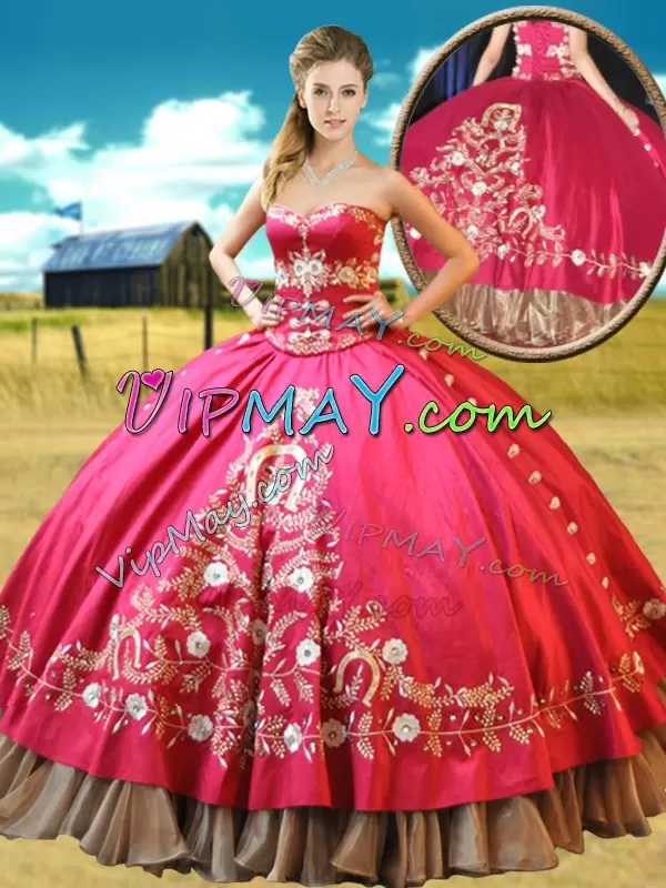 Discount Hot Pink Ball Gown Prom Dress Military Ball and Sweet 16 and Quinceanera with Beading and Embroidery Sweetheart Sleeveless Lace Up