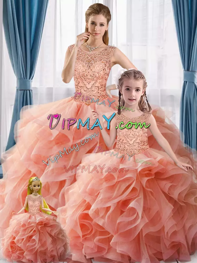 Scoop Sleeveless Sweet 16 Dresses Floor Length Beading Peach Tulle