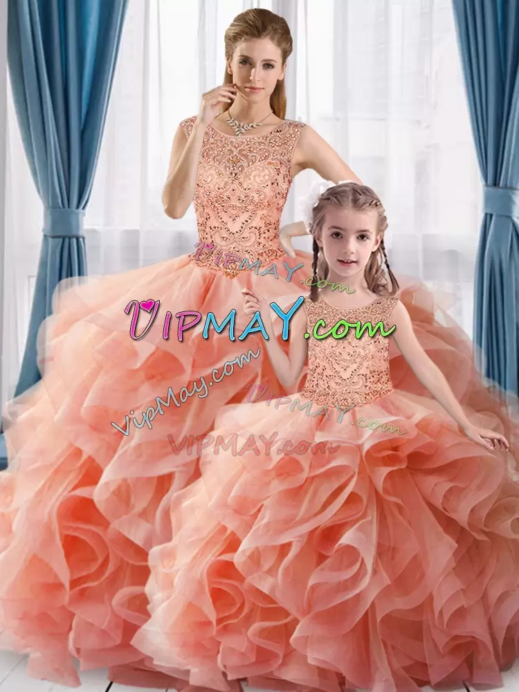 Scoop Sleeveless Sweet 16 Dresses Floor Length Beading Peach Tulle