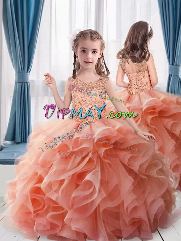 Scoop Sleeveless Sweet 16 Dresses Floor Length Beading Peach Tulle