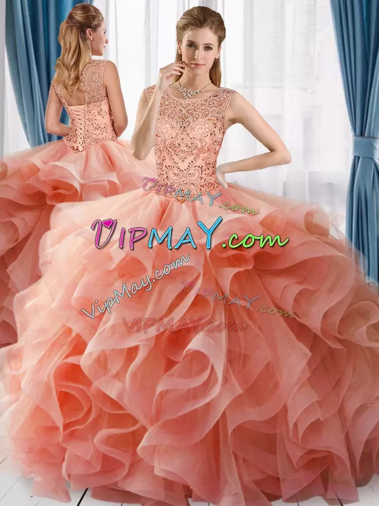 Scoop Sleeveless Sweet 16 Dresses Floor Length Beading Peach Tulle