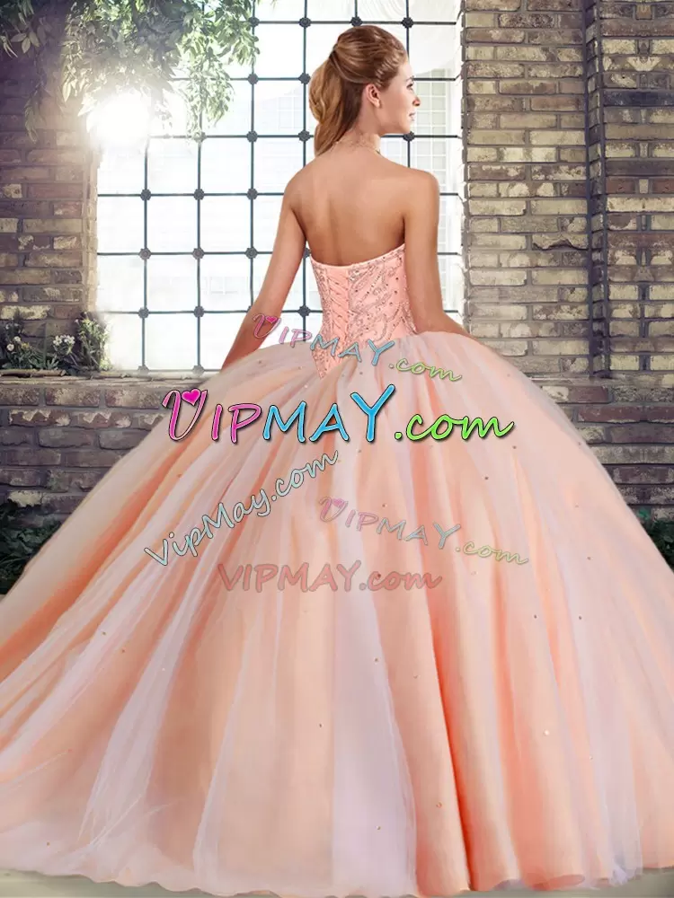 Clearance Sleeveless Poofy Brush Train Lace Up Beading Ball Gown Quinceanera Dress Sweetheart