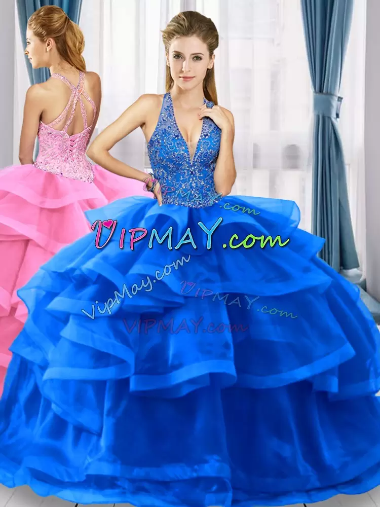 Smart Sleeveless Floor Length Beading Lace Up Quince Ball Gowns with Blue