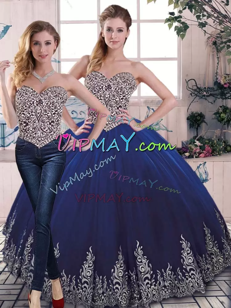 Royal Blue Sweet 16 Quinceanera Dress Sweet 16 and Quinceanera with Beading and Embroidery Sweetheart Sleeveless Lace Up