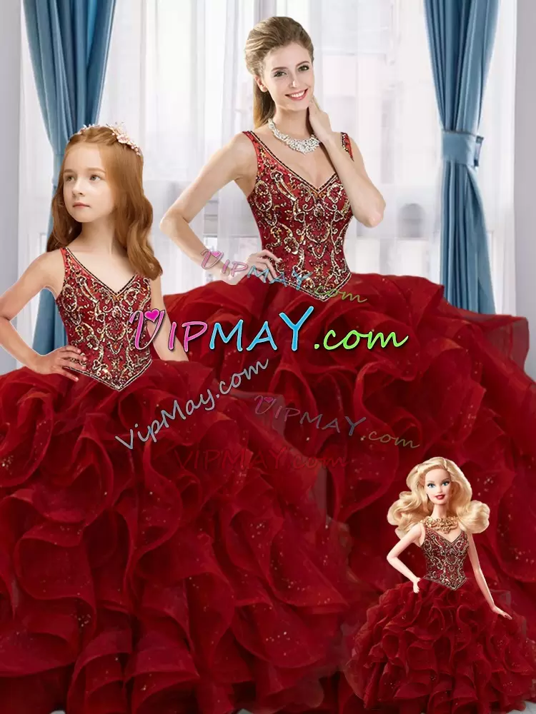 Wine Red Sweet 16 Dress Sweet 16 and Quinceanera with Beading and Ruffles V-neck Sleeveless Lace Up