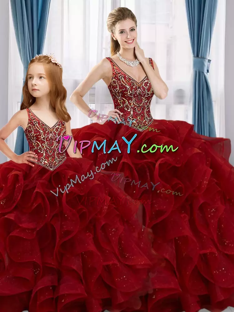 Wine Red Sweet 16 Dress Sweet 16 and Quinceanera with Beading and Ruffles V-neck Sleeveless Lace Up