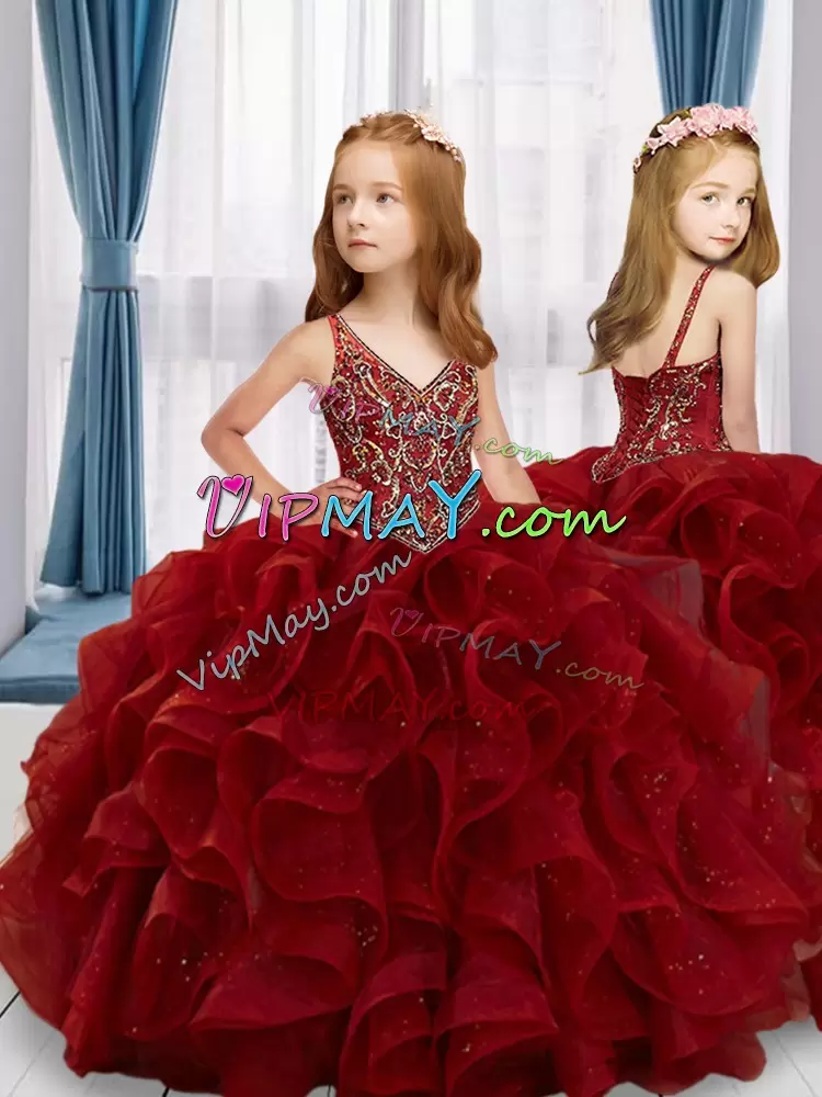 Wine Red Sweet 16 Dress Sweet 16 and Quinceanera with Beading and Ruffles V-neck Sleeveless Lace Up