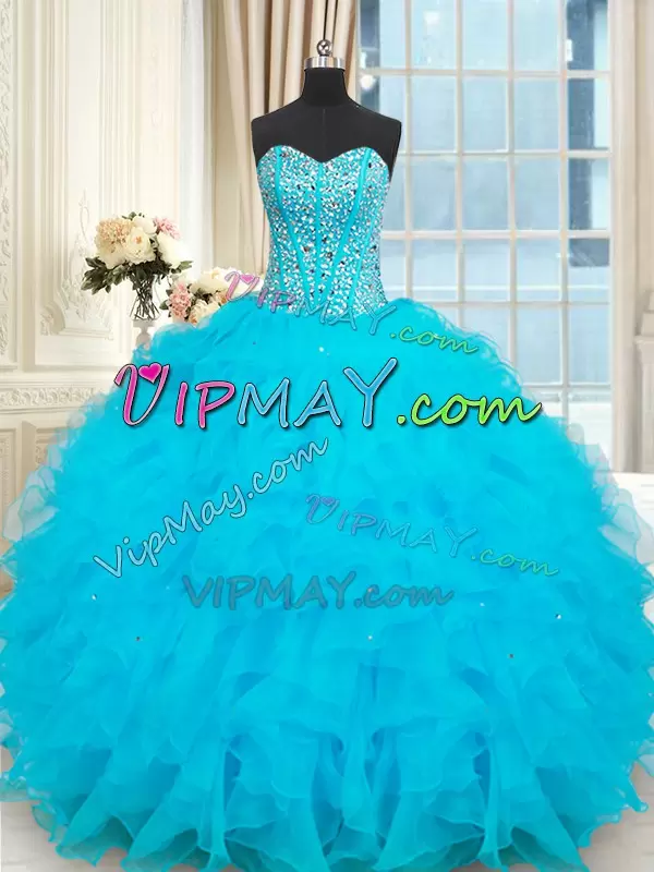 Fashion Floor Length Lace Up Vestidos de Quinceanera Baby Blue for Military Ball and Sweet 16 and Quinceanera with Beading and Ruffles