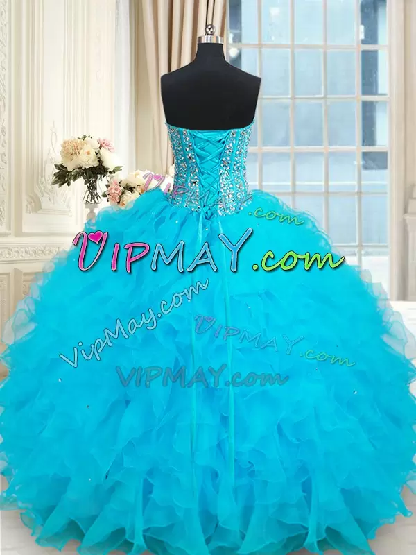 Fashion Floor Length Lace Up Vestidos de Quinceanera Baby Blue for Military Ball and Sweet 16 and Quinceanera with Beading and Ruffles