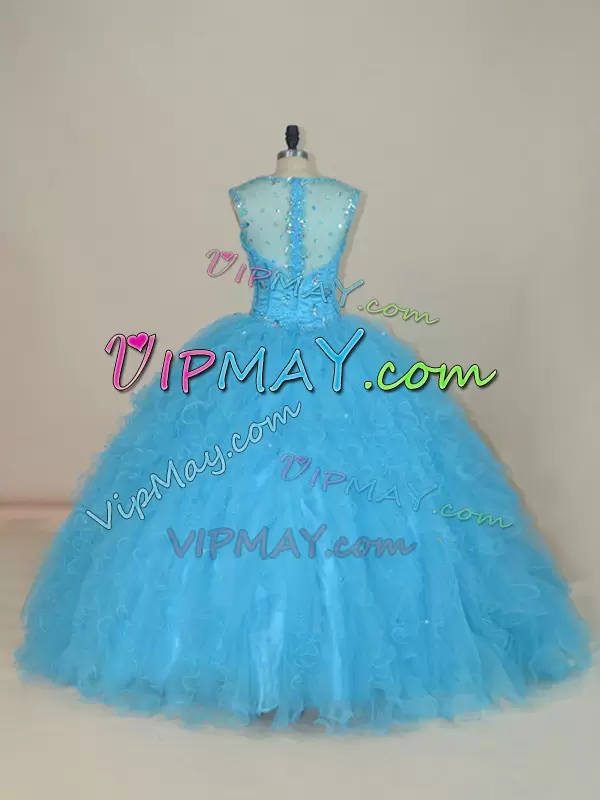 Glamorous Baby Blue Straps Neckline Beading and Ruffles Quince Ball Gowns Sleeveless Zipper