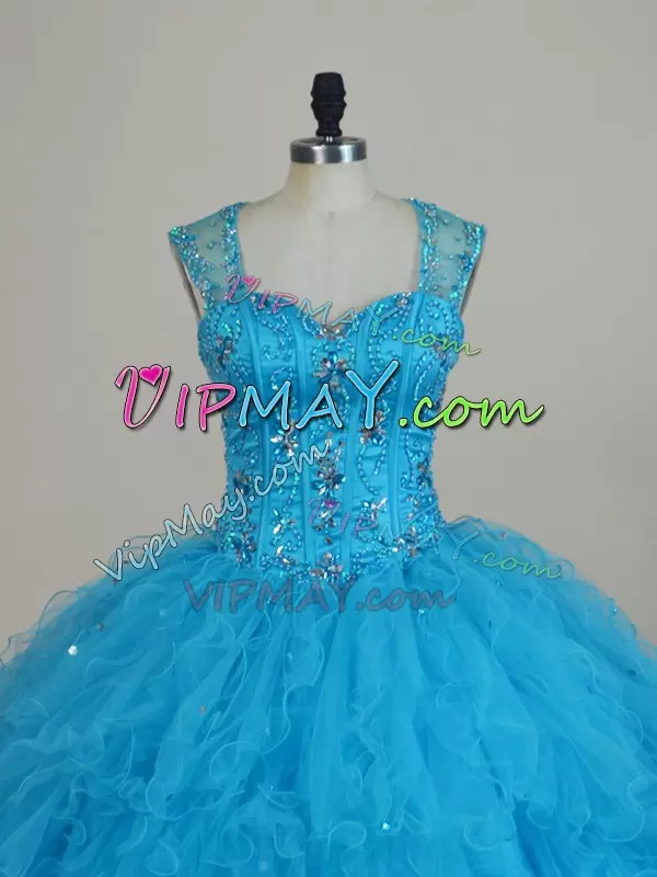 Glamorous Baby Blue Straps Neckline Beading and Ruffles Quince Ball Gowns Sleeveless Zipper