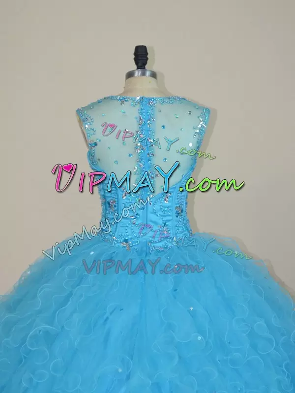 Glamorous Baby Blue Straps Neckline Beading and Ruffles Quince Ball Gowns Sleeveless Zipper