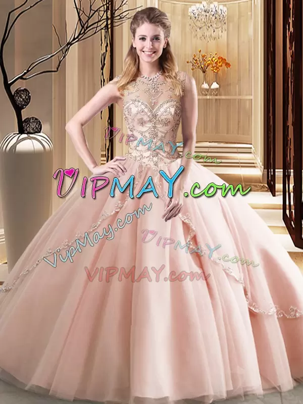 Peach Ball Gowns Tulle Scoop Sleeveless Beading Lace Up 15th Birthday Dress Brush Train