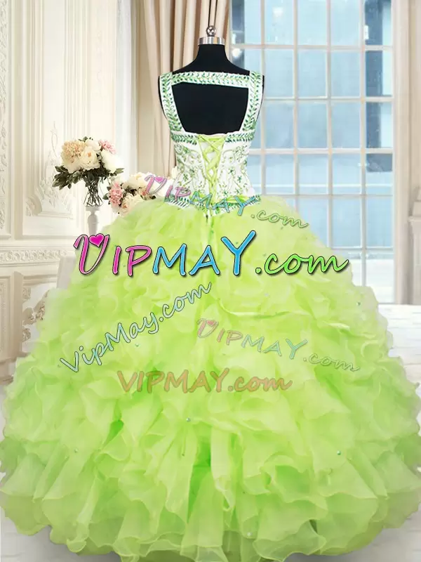 Yellow Green Ball Gowns Organza Straps Sleeveless Beading and Ruffles Floor Length Lace Up 15th Birthday Dress