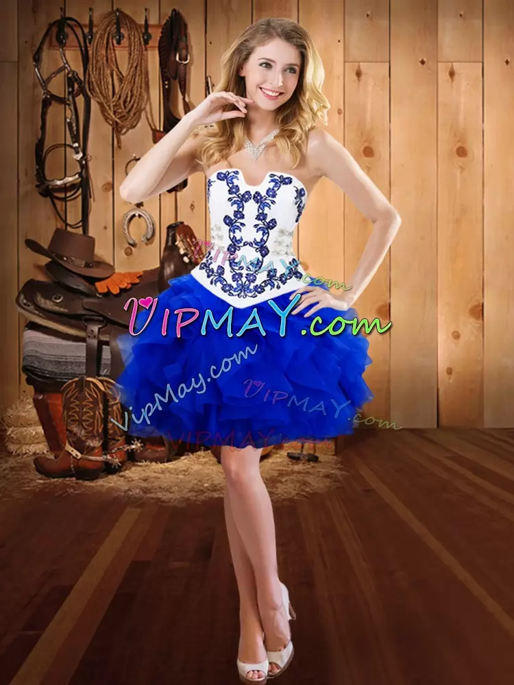 Inexpensive Strapless Sleeveless Satin and Organza Sweet 16 Dresses Embroidery and Ruffles Lace Up