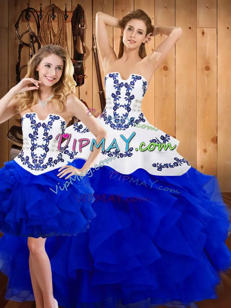 Inexpensive Strapless Sleeveless Satin and Organza Sweet 16 Dresses Embroidery and Ruffles Lace Up