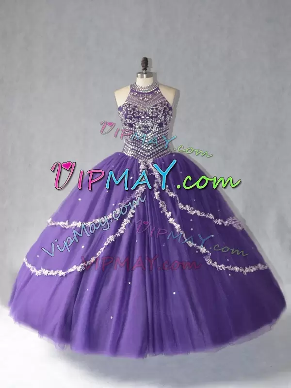 Purple Lace Up Vestidos de Quinceanera Beading Sleeveless Floor Length