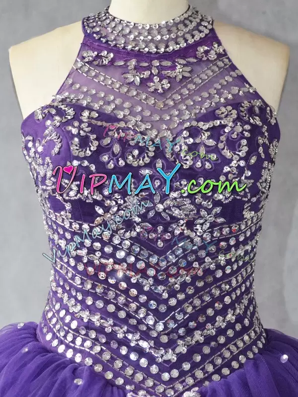 Purple Lace Up Vestidos de Quinceanera Beading Sleeveless Floor Length
