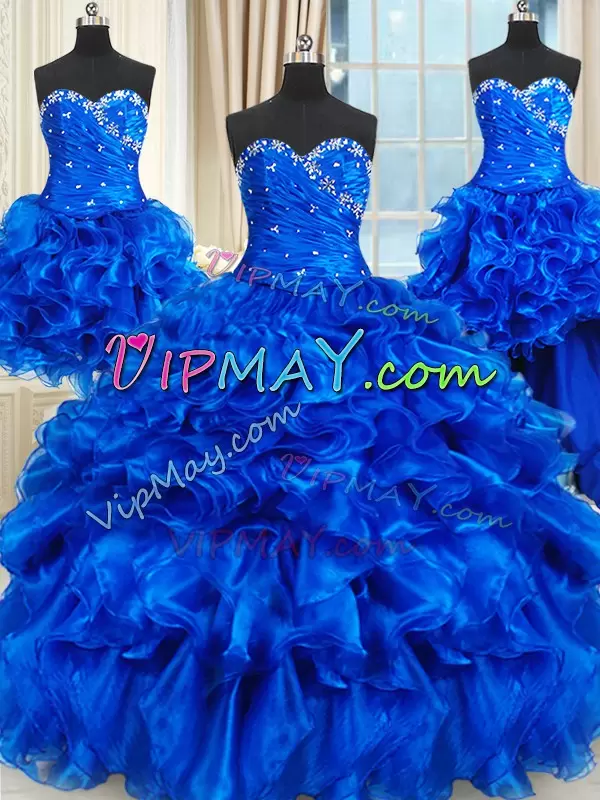 Sleeveless Floor Length Beading and Ruffles Lace Up 15 Quinceanera Dress with Royal Blue