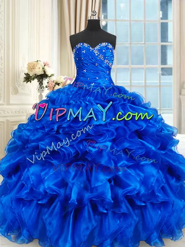 Sleeveless Floor Length Beading and Ruffles Lace Up 15 Quinceanera Dress with Royal Blue