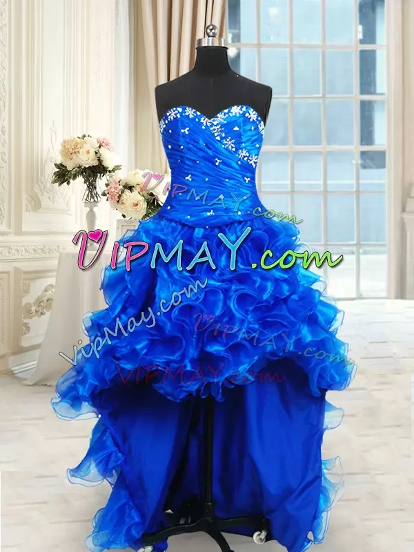 Sleeveless Floor Length Beading and Ruffles Lace Up 15 Quinceanera Dress with Royal Blue