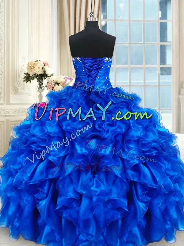 Sleeveless Floor Length Beading and Ruffles Lace Up 15 Quinceanera Dress with Royal Blue